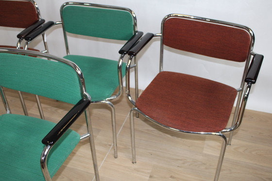 Image 1 of 6 Vintage Stacking Chairs Chrome Steel And Fabric 1960 Sweden