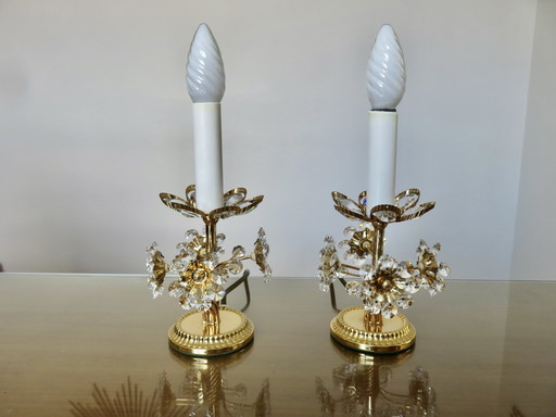 Pair Of Hollywood Regency Flower Lamps, Crystal And Brass, 1970