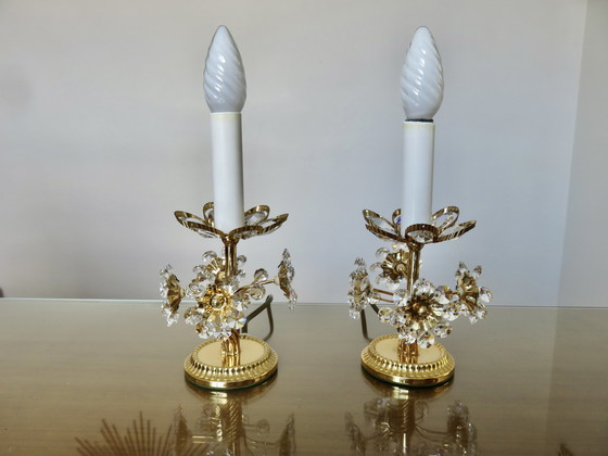 Image 1 of Pair Of Hollywood Regency Flower Lamps, Crystal And Brass, 1970