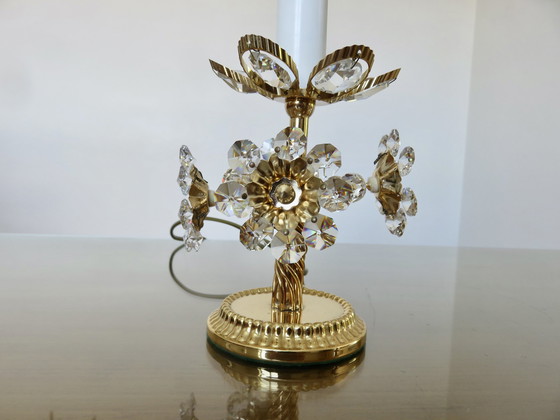 Image 1 of Pair Of Hollywood Regency Flower Lamps, Crystal And Brass, 1970