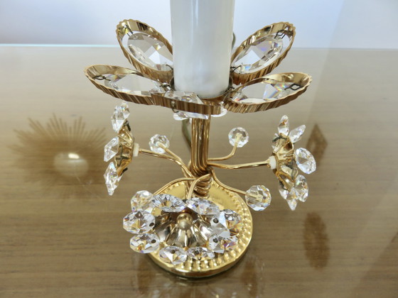 Image 1 of Pair Of Hollywood Regency Flower Lamps, Crystal And Brass, 1970