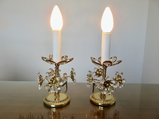 Pair Of Hollywood Regency Flower Lamps, Crystal And Brass, 1970