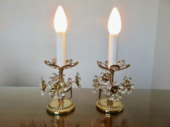 Image 1 of Pair Of Hollywood Regency Flower Lamps, Crystal And Brass, 1970