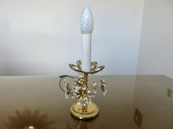 Image 1 of Pair Of Hollywood Regency Flower Lamps, Crystal And Brass, 1970