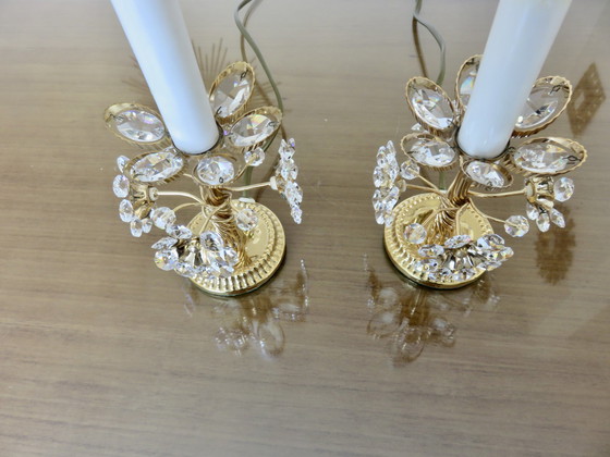 Image 1 of Pair Of Hollywood Regency Flower Lamps, Crystal And Brass, 1970