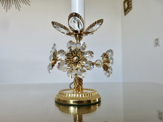 Image 1 of Pair Of Hollywood Regency Flower Lamps, Crystal And Brass, 1970