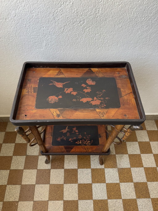 Antique Lacquer and Bamboo Asian Pedestal Table