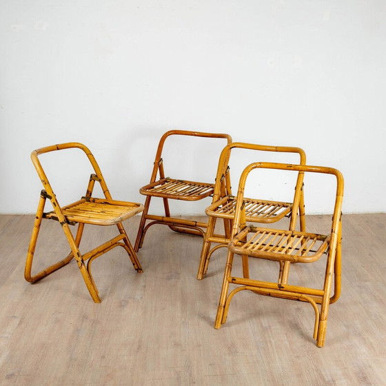 Image 1 of Set of 4 vintage folding chairs in bamboo and rattan, Italy 1970