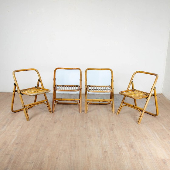 Image 1 of Set of 4 vintage folding chairs in bamboo and rattan, Italy 1970