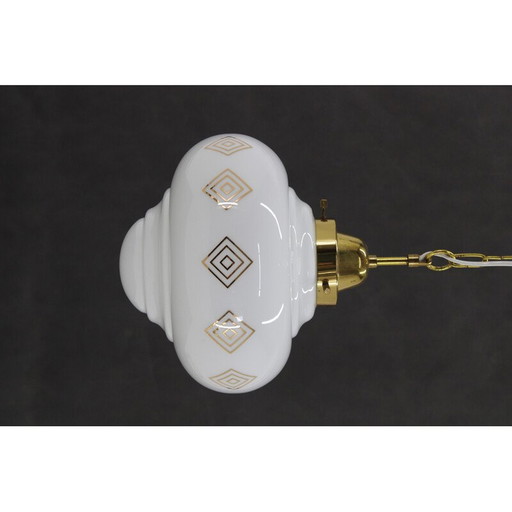 Vintage glass pendant lamp with brass chain , Czechoslovakia 1970s