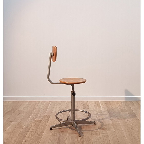 Image 1 of Vintage laboratory chair in gray stained steel and wood