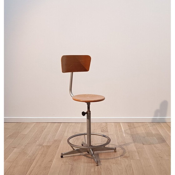 Image 1 of Vintage laboratory chair in gray stained steel and wood