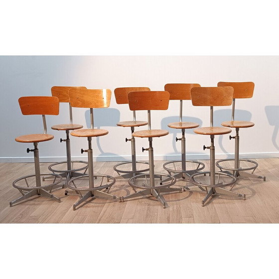 Image 1 of Vintage laboratory chair in gray stained steel and wood