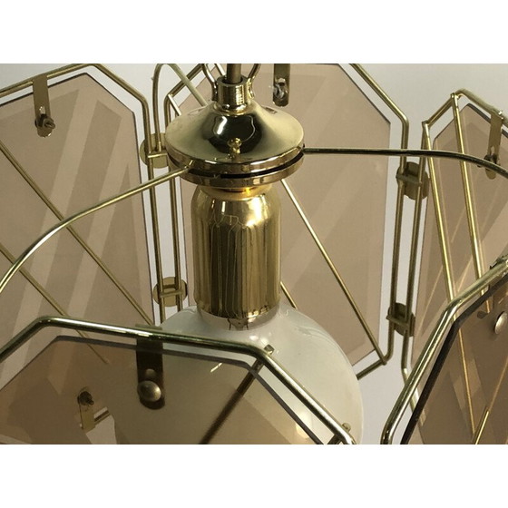 Image 1 of Lampadario vintage in ottone e vetro bianco di Giemme, Italia 1970