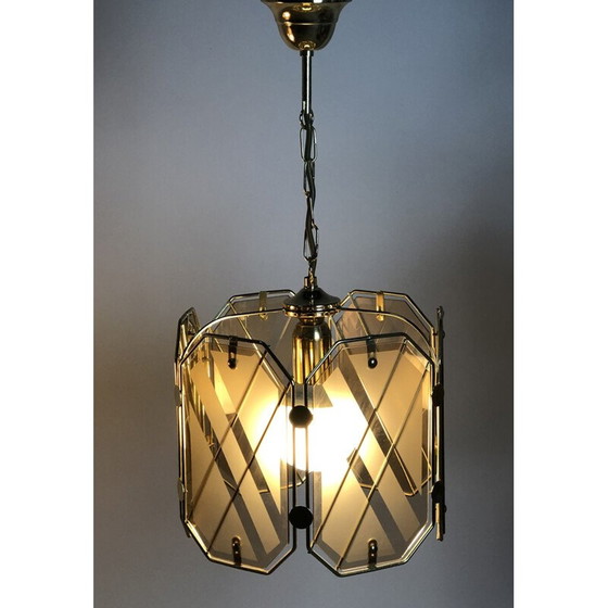 Image 1 of Lampadario vintage in ottone e vetro bianco di Giemme, Italia 1970