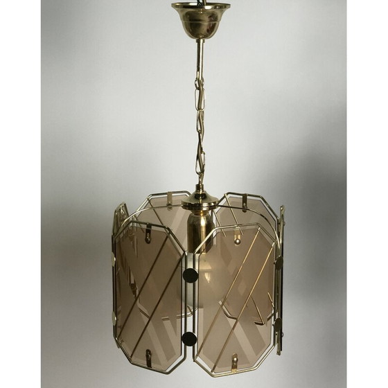 Image 1 of Lampadario vintage in ottone e vetro bianco di Giemme, Italia 1970