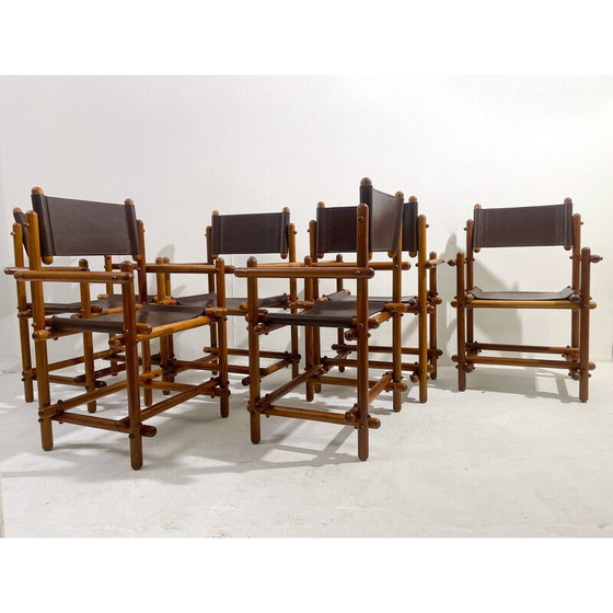 Image 1 of Conjunto de seis sillas italianas de madera y cuero de mediados de siglo, década de 1960