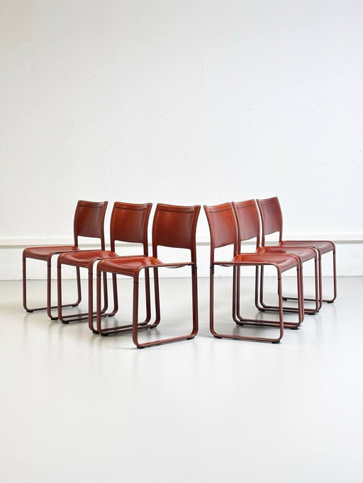 Cognac leather chairs Sistina Strap by Tito Agnoli for Matteo Grassi, Italy 1980s