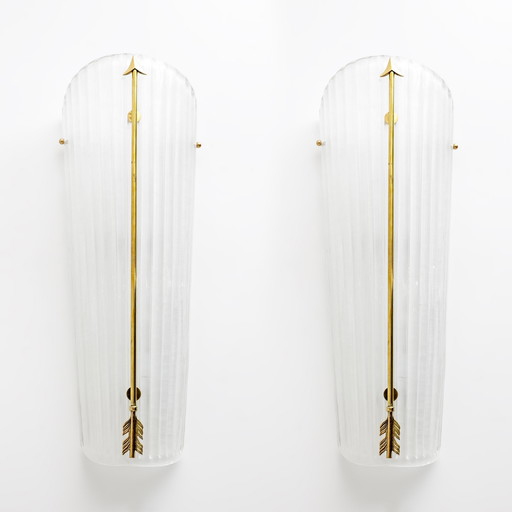 2x Mid-Century Modern Style Italian Murano Glass And Brass Sconces