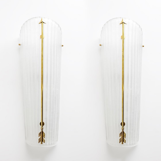 Image 1 of 2x Mid-Century Modern Style Italian Murano Glass And Brass Sconces