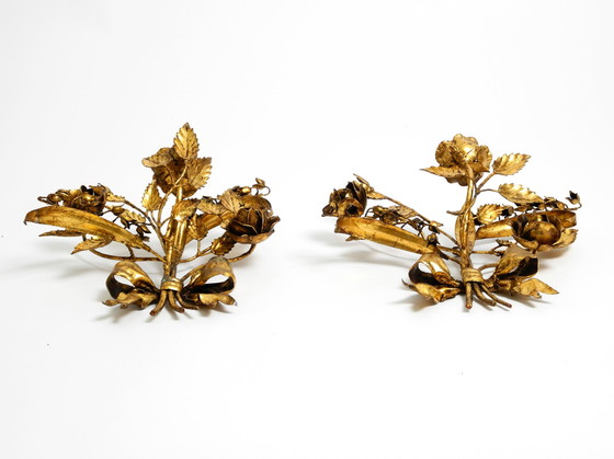 Image 1 of Pair of large 1950's gilded metal Florentine candle holders and wall decoration