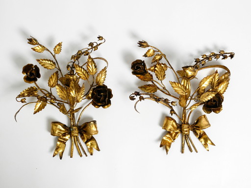 Pair of large 1950's gilded metal Florentine candle holders and wall decoration