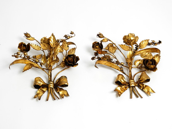 Image 1 of Pair of large 1950's gilded metal Florentine candle holders and wall decoration