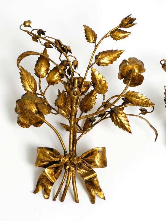 Image 1 of Pair of large 1950's gilded metal Florentine candle holders and wall decoration