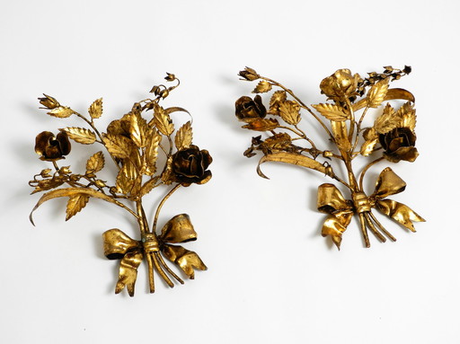 Pair of large 1950's gilded metal Florentine candle holders and wall decoration