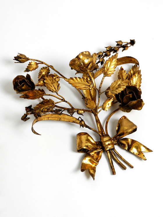 Image 1 of Pair of large 1950's gilded metal Florentine candle holders and wall decoration