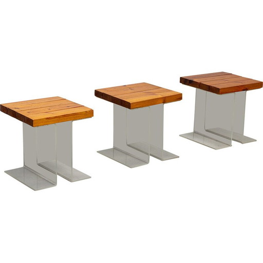 Set of 3 vintage side tables in acrylic glass and elm wood, France 1970