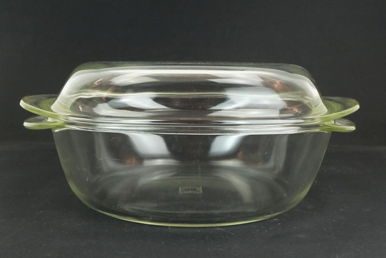 Image 1 of Heinrich Loffelhardt Casserole Dish Baker 3106 With Lid 3108 With Basket Holder Jena Glass Schott & Gen. Mainz 1950S