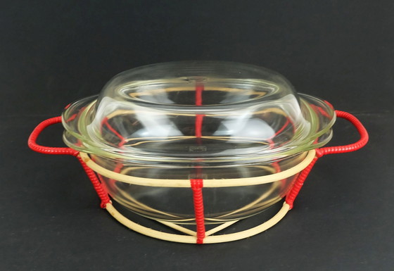 Image 1 of Heinrich Loffelhardt Casserole Dish Baker 3106 With Lid 3108 With Basket Holder Jena Glass Schott & Gen. Mainz 1950S