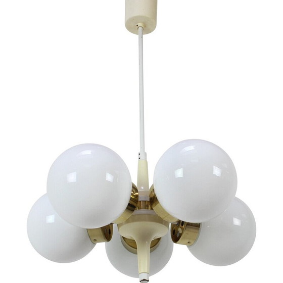 Image 1 of Vintage glass, brass, metal and plastic chandelier by Elektroinstala Decin, Czechoslovakia 1970s