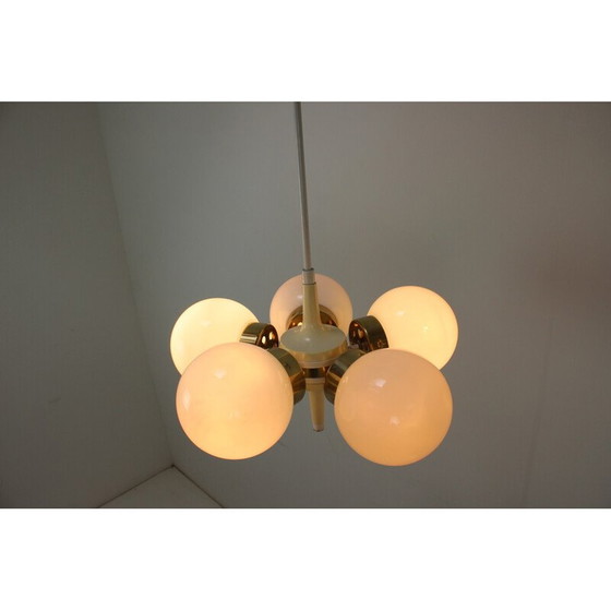 Image 1 of Vintage glass, brass, metal and plastic chandelier by Elektroinstala Decin, Czechoslovakia 1970s