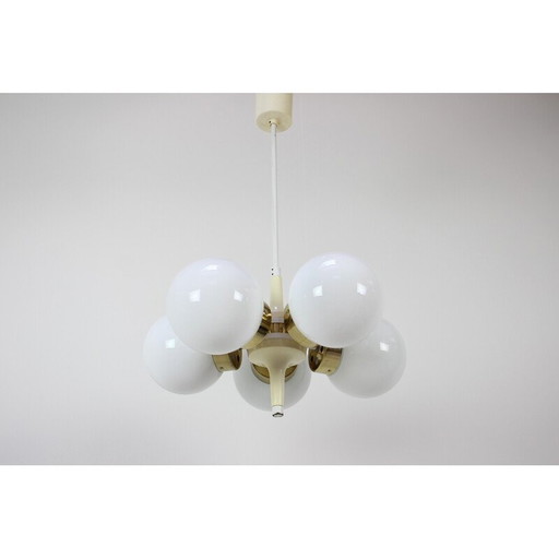 Vintage glass, brass, metal and plastic chandelier by Elektroinstala Decin, Czechoslovakia 1970s