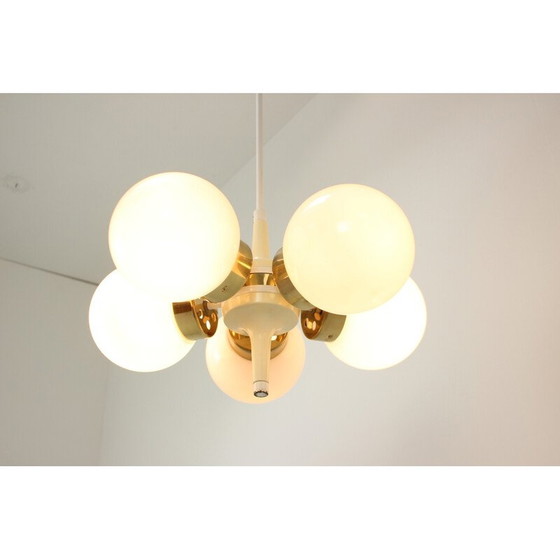 Image 1 of Vintage glass, brass, metal and plastic chandelier by Elektroinstala Decin, Czechoslovakia 1970s