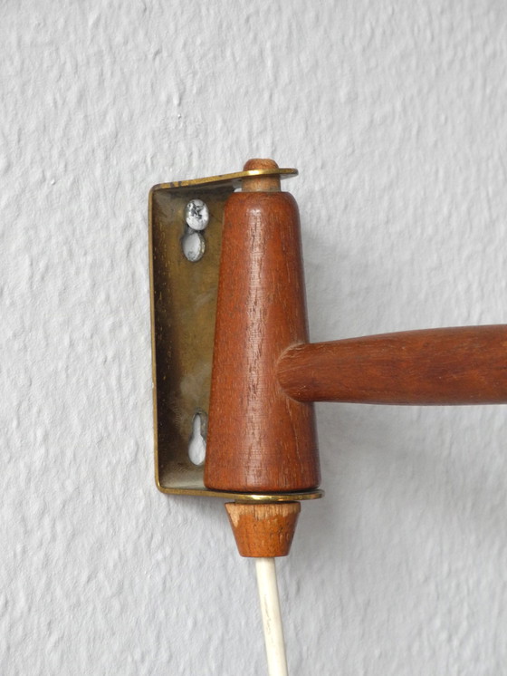 Image 1 of 60s swivel wall lamp with copper shade, teak and brass swivel suspension