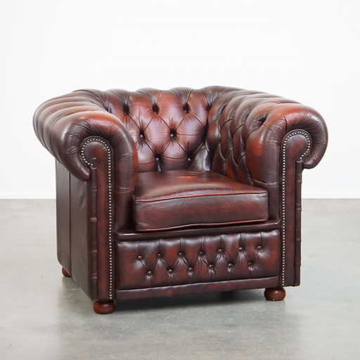 Dark Red Beef Leather Chesterfield Armchair