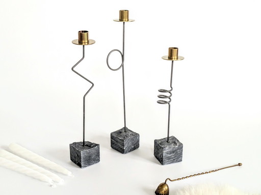 Set 3 Candleholders | 1980'S Ikea "Kräsen" | Steel, Brass, Granit