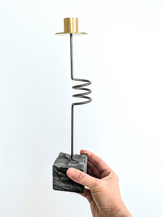 Image 1 of Set 3 Candleholders | 1980'S Ikea "Kräsen" | Steel, Brass, Granit