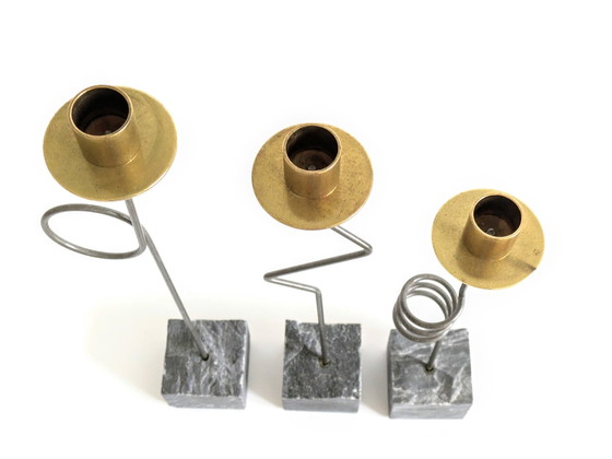 Image 1 of Set 3 Candleholders | 1980'S Ikea "Kräsen" | Steel, Brass, Granit