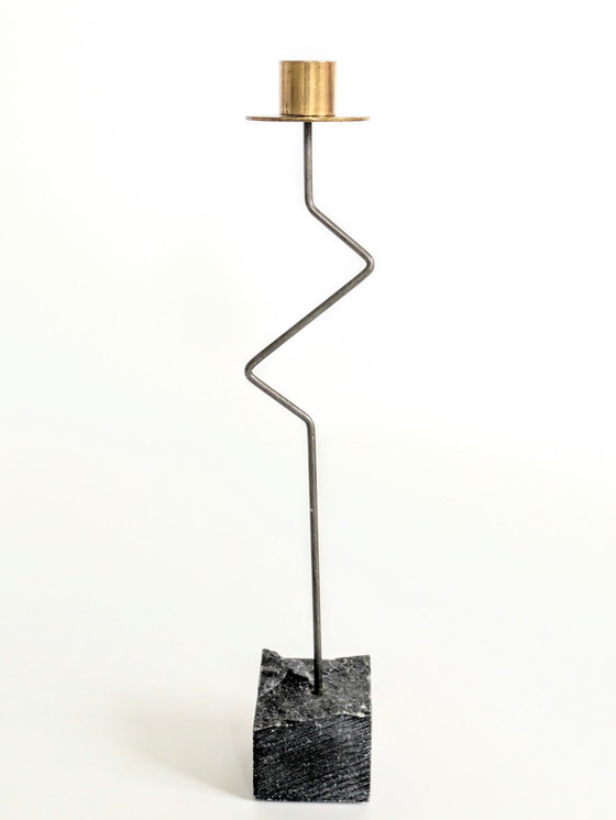 Image 1 of Set 3 Candleholders | 1980'S Ikea "Kräsen" | Steel, Brass, Granit