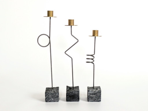 Set 3 Candleholders | 1980'S Ikea "Kräsen" | Steel, Brass, Granit