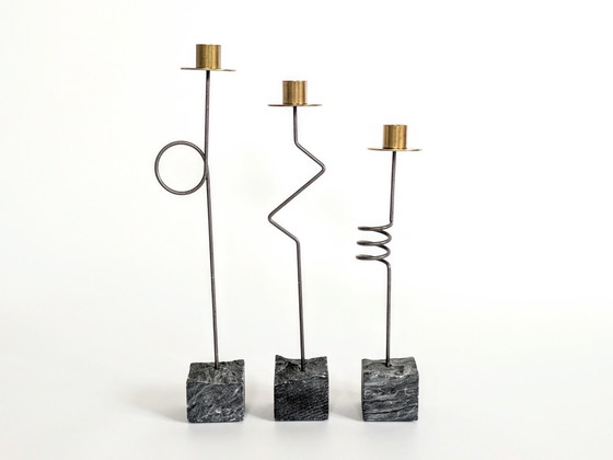 Image 1 of Set 3 Candleholders | 1980'S Ikea "Kräsen" | Steel, Brass, Granit