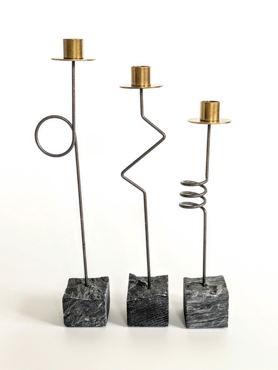 Image 1 of Set 3 Candleholders | 1980'S Ikea "Kräsen" | Steel, Brass, Granit