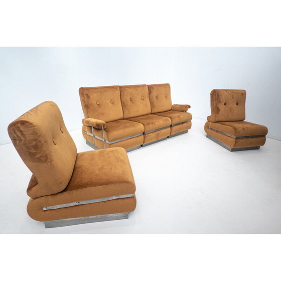 Image 1 of Mid-century cognac velvet and metal structure living room set, Italy 1970s