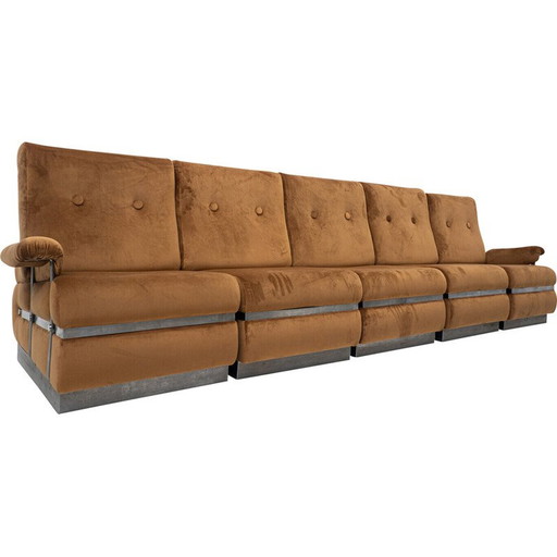 Set da soggiorno in velluto color cognac e struttura in metallo, anni &#39;70, Italia