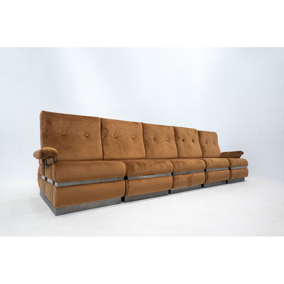 Image 1 of Mid-century cognac velvet and metal structure living room set, Italy 1970s