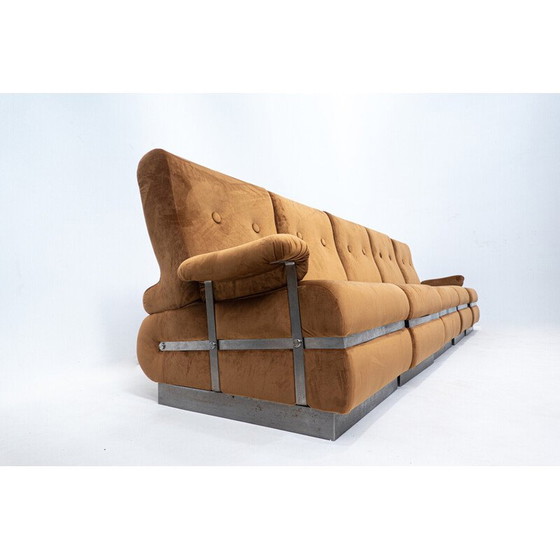 Image 1 of Mid-century cognac velvet and metal structure living room set, Italy 1970s